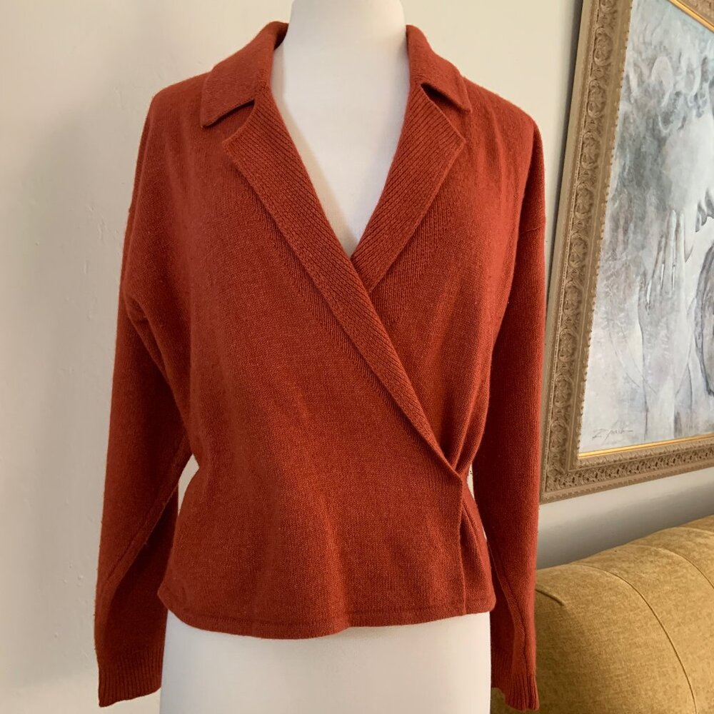 LUXURY Wool Silk Angora Blend Wrap Sweater | Notchel V-Neck Rust M
